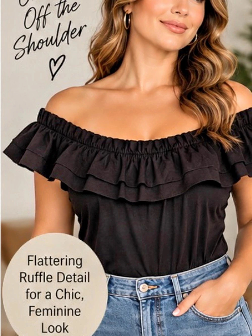 27” ptp Express Ruffle Off-Shoulder Bodysuit Black XL